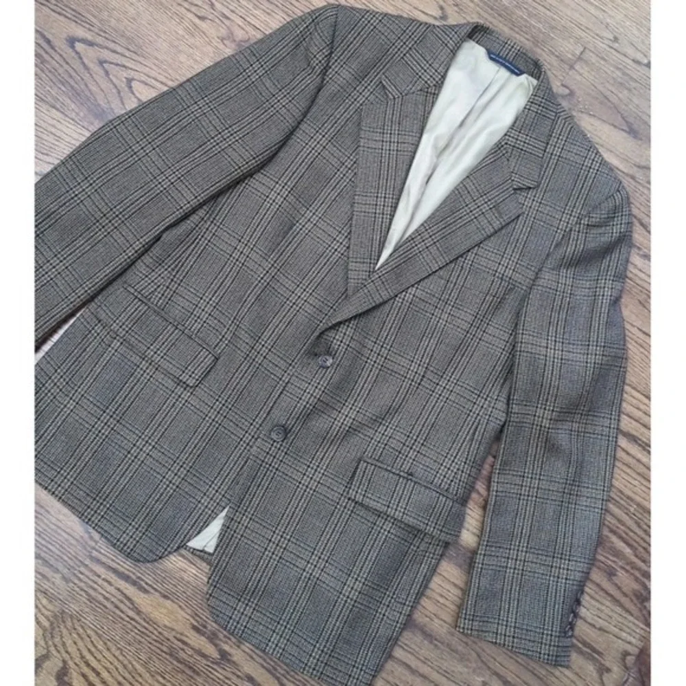 Brooks Brothers Sz 42RG Brown Tan Glen Plaid Lambswool Cashmere Jacket Made USA